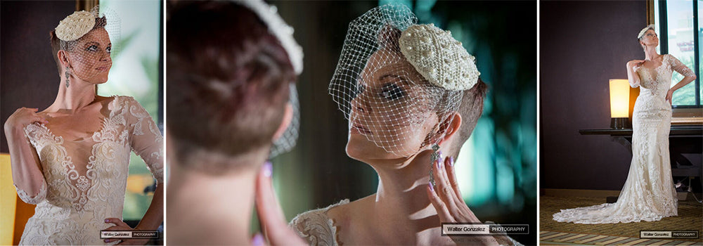 Jana wearing the Valentina Pillbox Hat with Veil