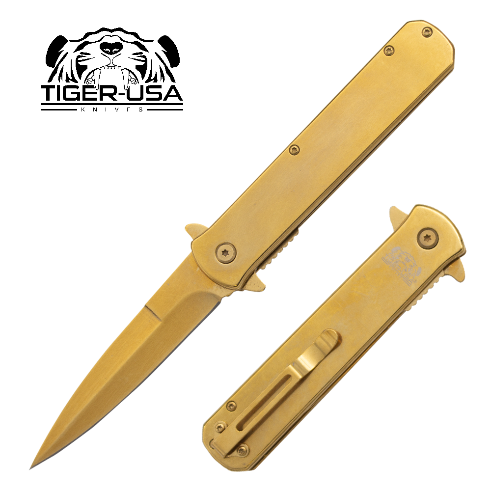 metallic folding knife w/clip (gold plated) tiger