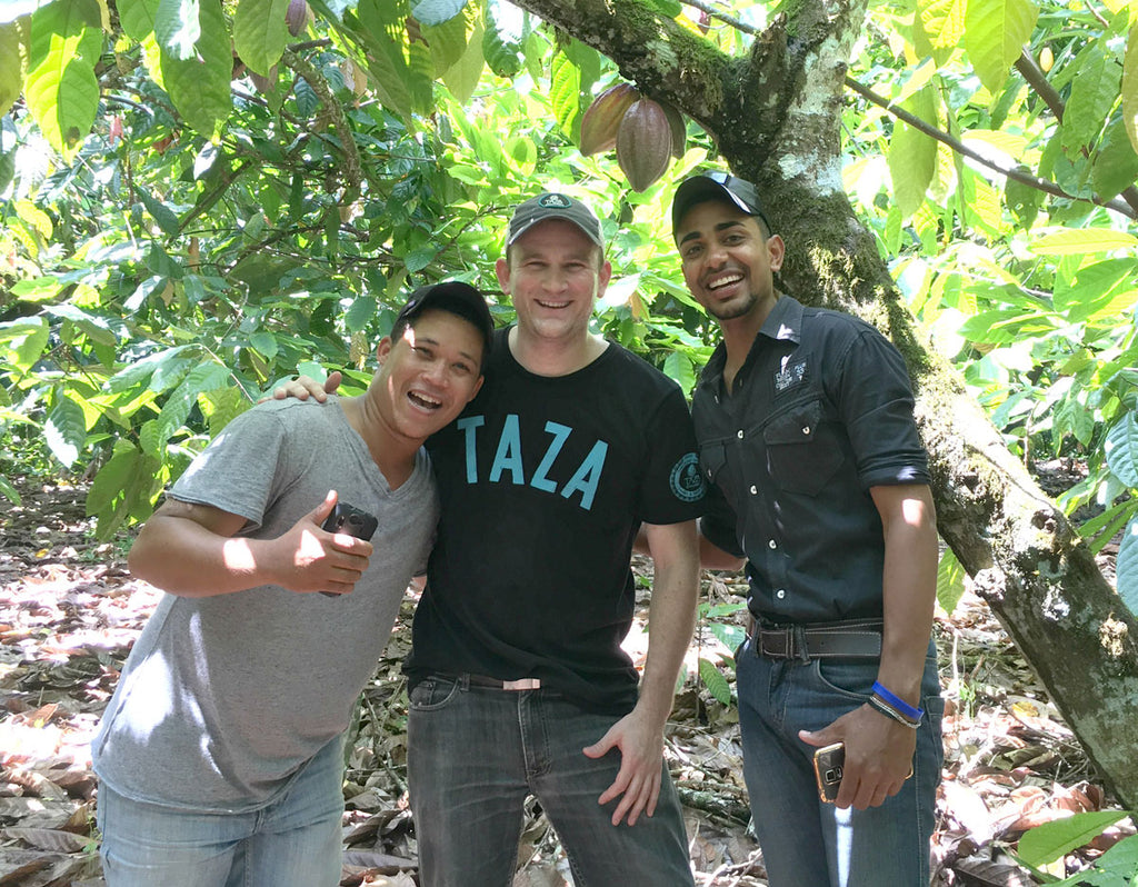 Taza Cocoa Sourcing Manager Jesse Last with Isidro Castillo and Esterlin Pion of Finca Elvesia in the Dominican Republic