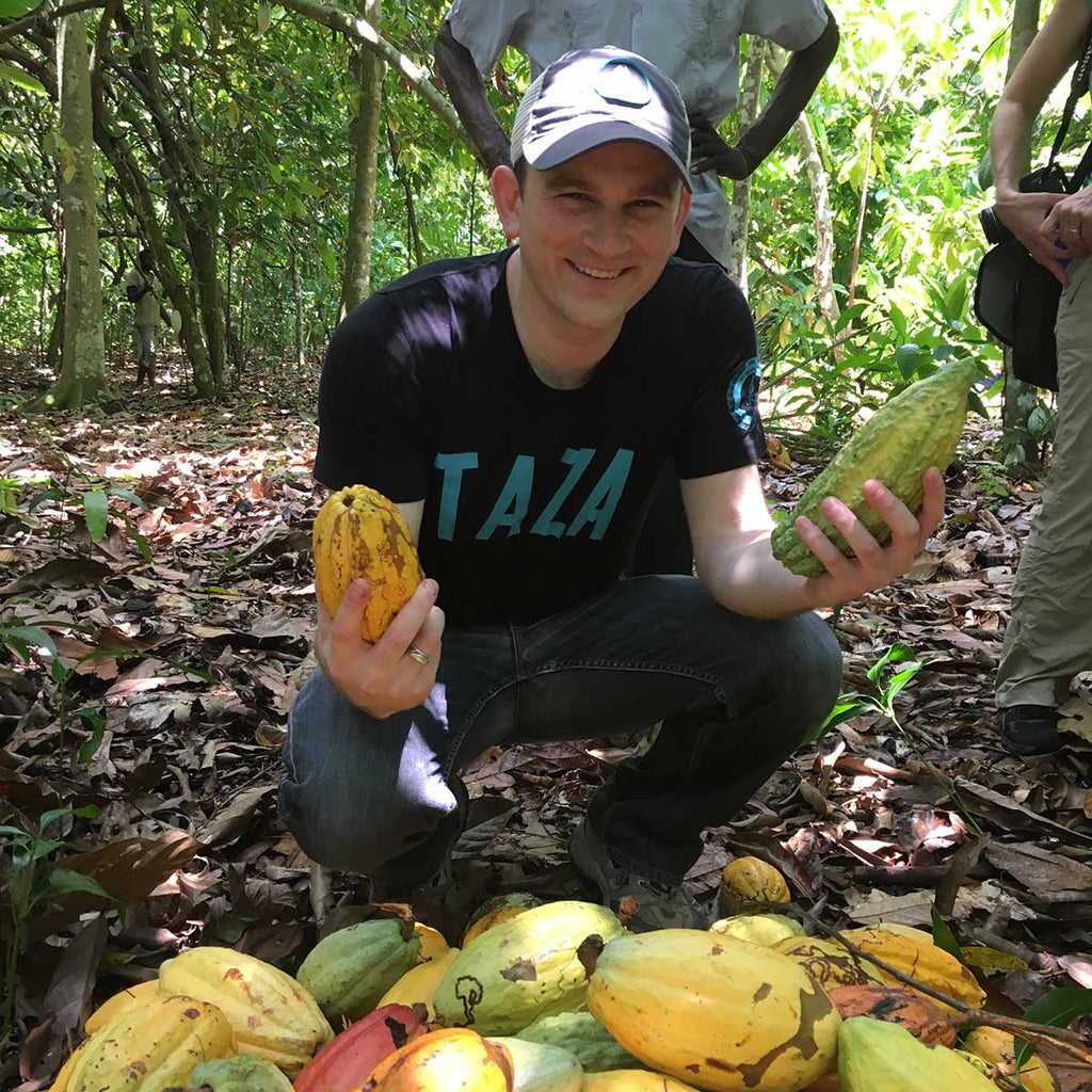 Yours truly posing with Haitian cacao pods. The different shapes, sizes and colors reflect the tremendous genetic diversity of the country's cacao stock