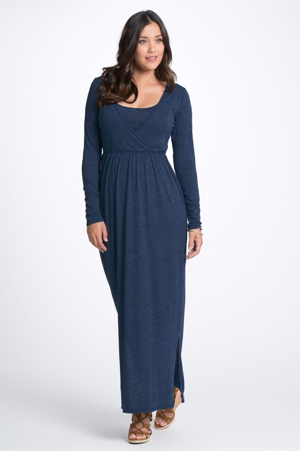 Long Sleeve Cross Top Nursing Maxi Dress - Navy Dress robertwilsonassociates Nursing Apparel 