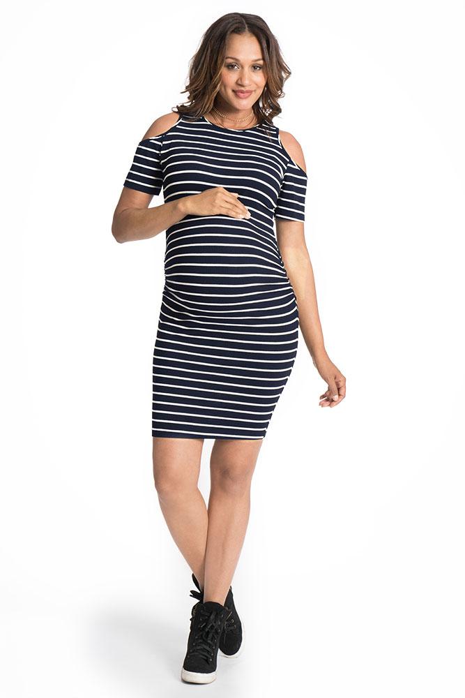 Breezy Shoulder Maternity and Beyond Midi Dress Dress robertwilsonassociates Nursing Apparel small 2/4 navy and white stripe 