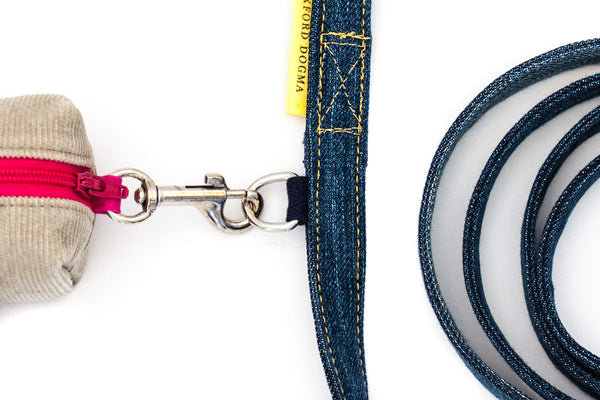 Reclaimed Denim Dog Leash accessory ring for attaching a clean-up bag dispenser | oxforddogma.com