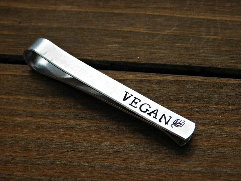 Vegan Tie Clip Mens Gift Custom Tie Bar Personalized For Him Text Message Wedding Anniversary Birthday Groomsmen Graduation Business New Job