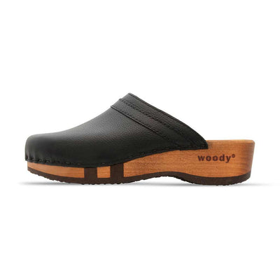 hanni, clogs damen mit biegsamer nachhaltiger holzsohle, farbe: nero-schwarz, holzclogs woody, woody schuhe, woody shoes, handgemachte holzschuhe aus österreich, kärnten