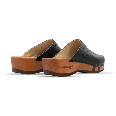 hanni, clogs damen mit biegsamer nachhaltiger holzsohle, farbe: nero-schwarz, holzclogs woody, woody schuhe, woody shoes, handgemachte holzschuhe aus österreich, kärnten