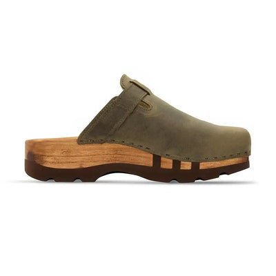 hubertus, clog mit stick für Damen, biegsame nachhaltige holzsohle, farbe: olivia, holzclogs woody, woody schuhe, woody shoes, handgemachte holzschuhe aus österreich, kärnten