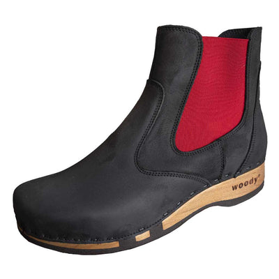 clogs damen jutta woody holzschuhe stiefelette, farbe: schwarz-rot, ankle boots, ankleboots gefüttert, damenstiefel, damenclogs mit holzsohle. holzclogs, clogs damen knöchel stiefel, damen clogs leder. holz schuhe, holzclog, holzschuhe winterstiefel bestellen.