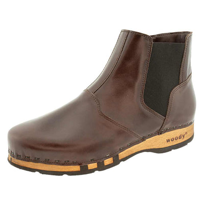 Louis Herrenclogs, Herrenclog von woody Schuhe. Clogs mit biegsamer Holzsohle und Holzfußbett. Herrenclogs, Holzclogs kaufen. Clogs online bestellen, Farbe: Dunkelbraun