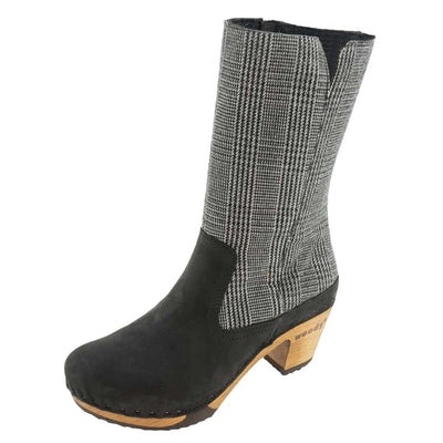 Stiefelette Damen woody Schuhe. Damen Stiefelette mit Absatz. Clog mit Kalbslederfutter als Damenstiefel. Damenclogs, Damen Clogs - Clogs Damen. Holzschuhe für Damen, Damen Clogs, Holzclogs, Damen Pantoletten mit Holzsohle. Damen Stiefelette kaufen, Farbe: Nero-London_Wollfutter