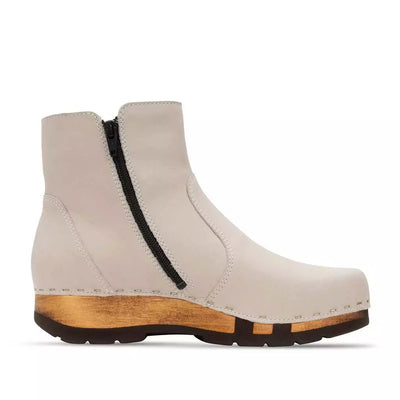 olga, clog stiefelette damen mit biegsamer nachhaltiger holzsohle, farbe: creme (naturweiss), holzclogs woody, woody schuhe, woody shoes, handgemachte holzschuhe aus österreich, kärnten