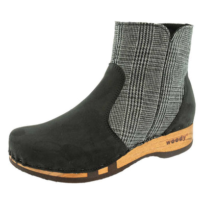 olga, clog stiefelette damen mit biegsamer nachhaltiger holzsohle, farbe: nero-london (schwarz-stoff karo sw), holzclogs woody, woody schuhe, woody shoes, handgemachte holzschuhe aus österreich, kärnten