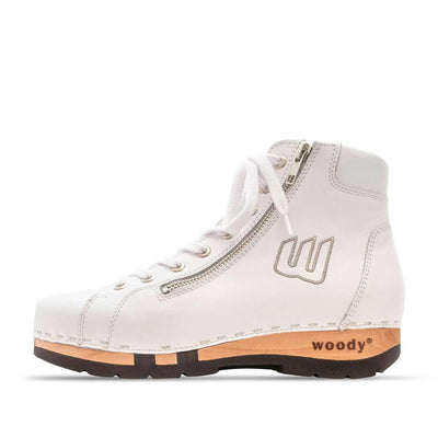 roxy, clog sneakers für damen mit hohem schaft und biegsamer nachhaltiger holzsohle, farbe: weiss (glattleder), holzclogs woody, woody schuhe, woody shoes, handgemachte holzschuhe aus österreich, kärnten