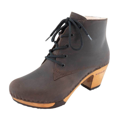 anne, clog ankle boot damen mit biegsamer nachhaltiger holzsohle, farbe: caffe-braun holzclogs woody, woody schuhe, woody shoes, handgemachte holzschuhe aus österreich, kärnten