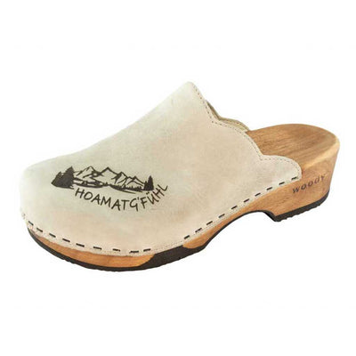 emma hoamatgfühl, farbe: panna alias beige-natur_clogs damen mit biegsamer nachhaltiger weidenholzsohle, holzclogs woody, woody schuhe, woody shoes, handgemachte holzschuhe aus österreich, kärnten, berge