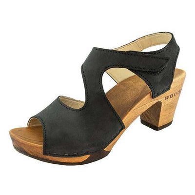 hannah, sandletten clogs damen mit biegsamer nachhaltiger holzsohle, farbe: nero-schwarz, holzclogs woody, woody schuhe, woody shoes, handgemachte holzschuhe aus österreich, kärnten