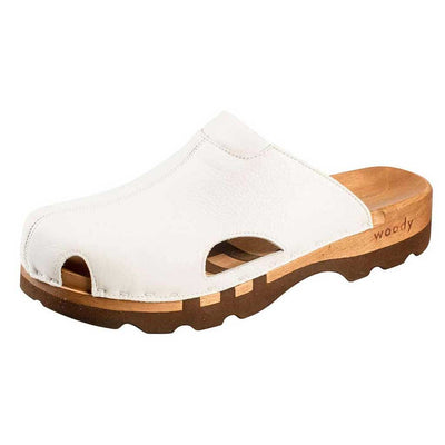 lissabon, arbeits-clogs unisex und biegsamer nachhaltiger holzsohle, farbe: weiss, holzclogs woody, woody schuhe, woody shoes, handgemachte holzschuhe aus österreich, kärnten