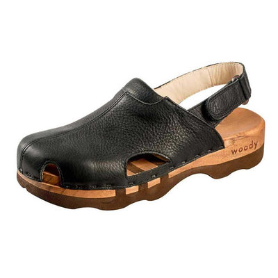 London, arbeits-clogs unisex mit fersenriemem und biegsamer nachhaltiger holzsohle, farbe: schwarz, holzclogs woody, woody schuhe, woody shoes, handgemachte holzschuhe aus österreich, kärnten