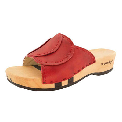 vanessa, pantoletten clogs damen mit biegsamer nachhaltiger holzsohle, der bestseller, farbe: rosso-rot, holzclogs woody, woody schuhe, woody shoes, handgemachte holzschuhe aus österreich, kärnten