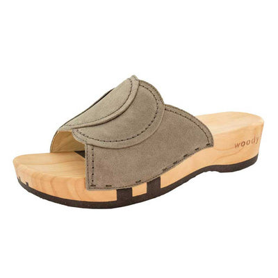 vanessa, pantoletten clogs damen mit biegsamer nachhaltiger holzsohle, der bestseller, farbe: sand-warm_grey, holzclogs woody, woody schuhe, woody shoes, handgemachte holzschuhe aus österreich, kärnten