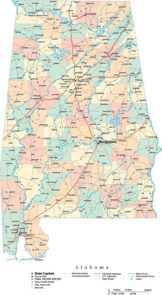 Alabama Digital Vector Map With Counties Major Cities Roads Rivers