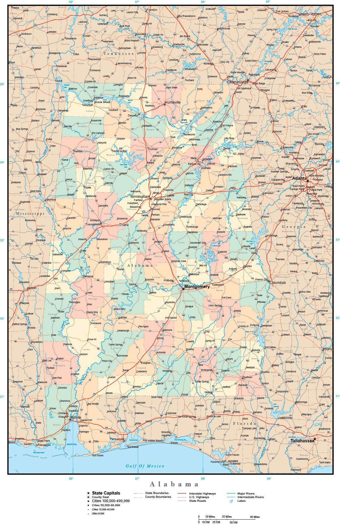Alabama State Adobe Illustrator Map with Counties, Cities, County Seats