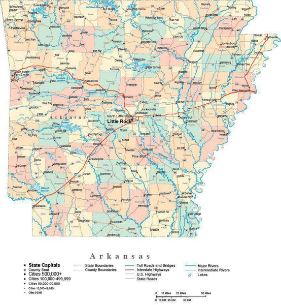 Arkansas Digital Vector Map With Counties Major Cities Roads Rivers And Lakes Map Resources 8578