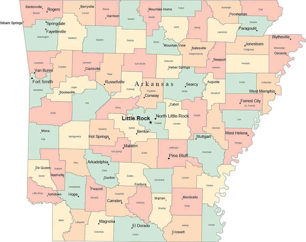 Multi Color Arkansas Map With Counties Capitals And Major Cities 0546