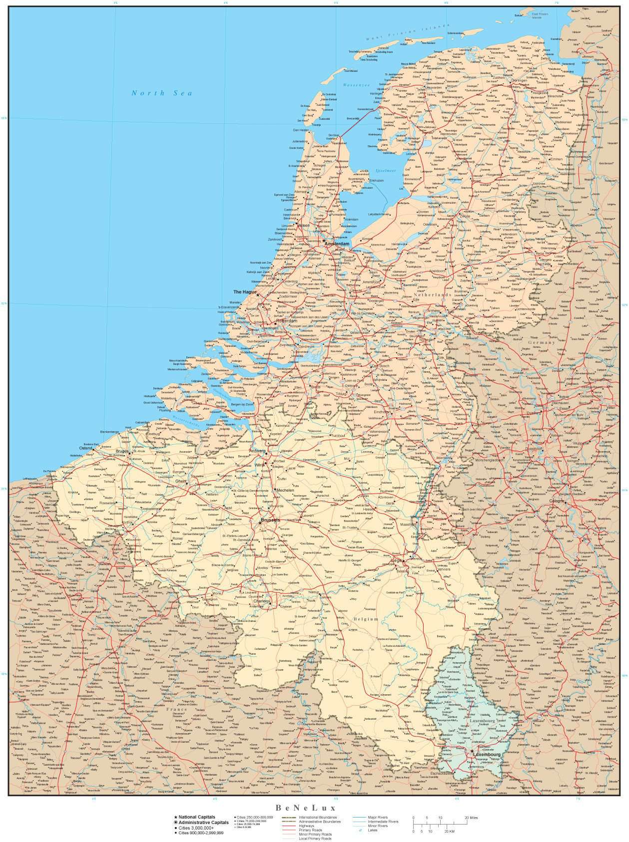 Belgium Netherlands Luxembourg map in Adobe Illustrator vector format