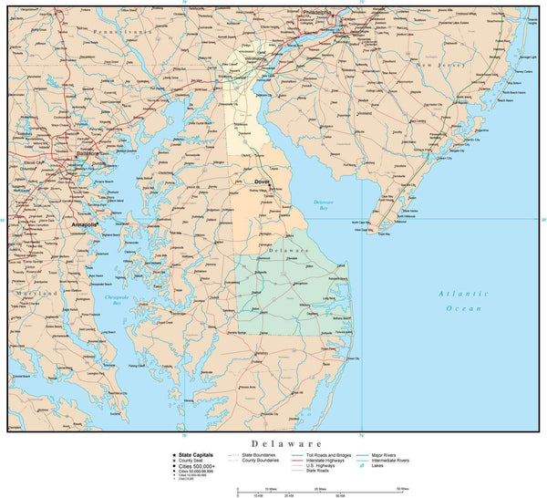 Delaware Adobe Illustrator Map with Counties, Cities, County Seats