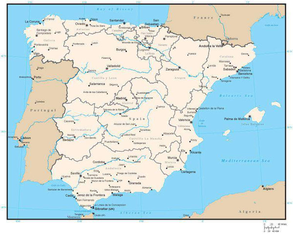 Spain Map with Administrative Areas and Capitals in Adobe Illustrator