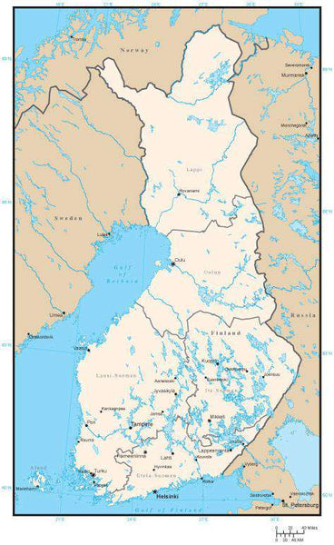 Finland Map with Region Areas and Capitals in Adobe Illustrator Format