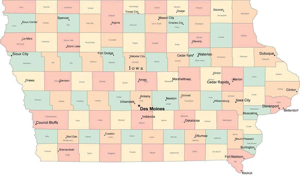 Multi Color Iowa Map With Counties Capitals And Major Cities 5257