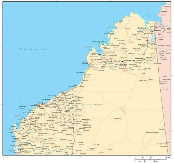 Kimberley Region Western Australia Road map in Adobe Illustrator vector