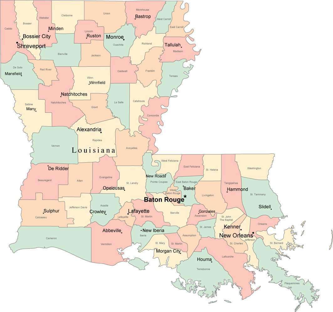 Multi Color Louisiana Map with Counties, Capitals, and Major Cities – Map Resources