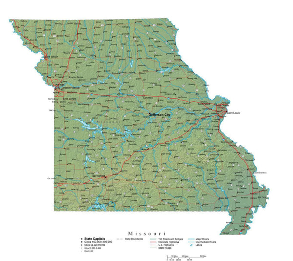 Missouri Illustrator Vector Map With Cities Roads And Photoshop Terrain Image