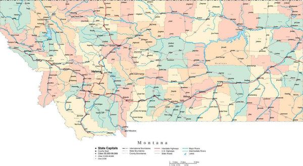Montana Digital Vector Map with Counties, Major Cities, Roads, Rivers