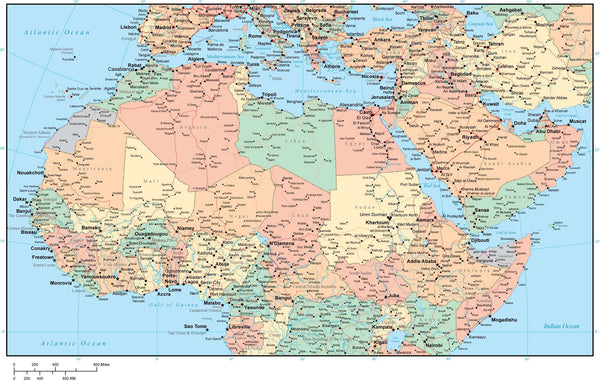 North Africa And Middle East Region Map With Country Areas Capitals An