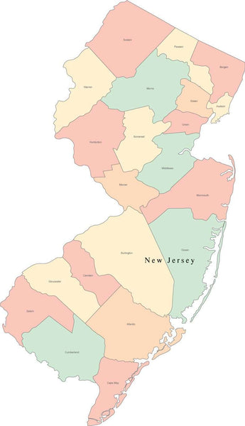 Multi Color New Jersey Map With Counties And County Names 3467