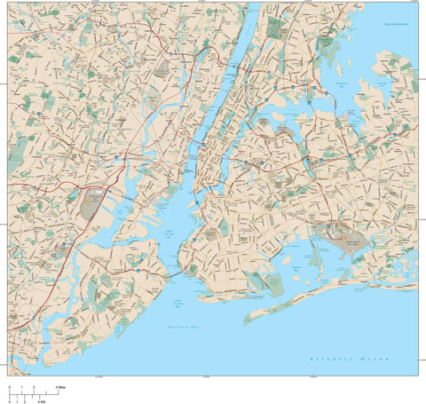 New York City NY Map - Metro Area - with Land Area Features and Major Roads