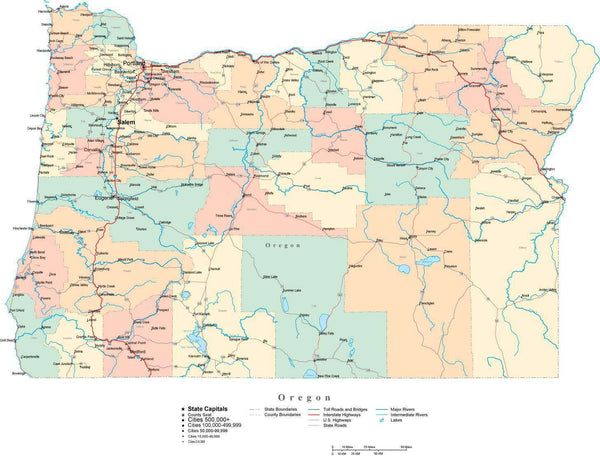 Map Of Oregon Cities Oregon Digital Vector Map With Counties, Major Cities, Roads, Rivers & Lakes