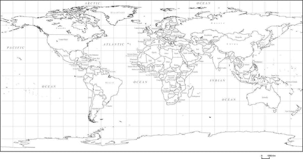 World Map With Countries Black And White Rectangular Map Projection