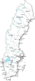 Sweden Black & White Map with Capital, Major Cities, Roads, and Water Features
