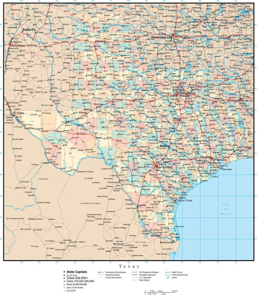 Texas Adobe Illustrator Map with Counties, Cities, County Seats, Major Roads