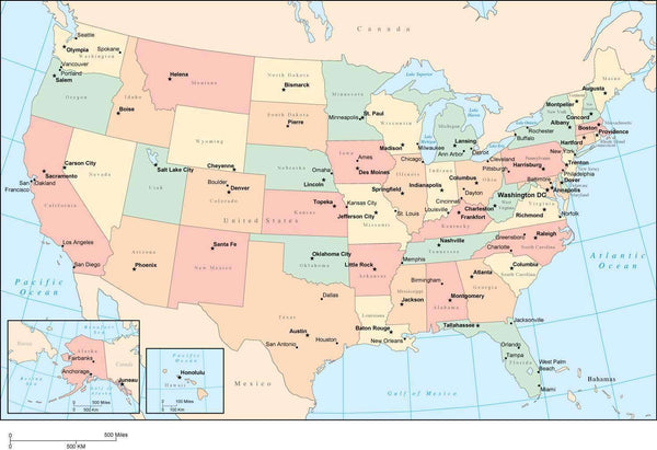 Multi Color Usa Map With Capitals And Major Cities