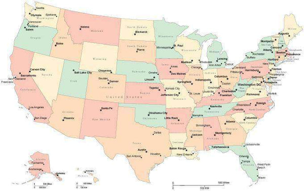 Usa Color Map With Capital And Major Cities In Adobe Illustrator Format