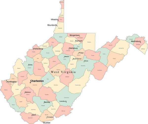 Multi Color West Virginia Map With Counties Capitals And Major Citie 4009