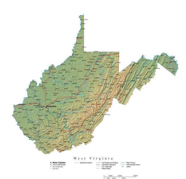 West Virginia Illustrator Vector Map With Cities Roads And Photoshop Terrain Image