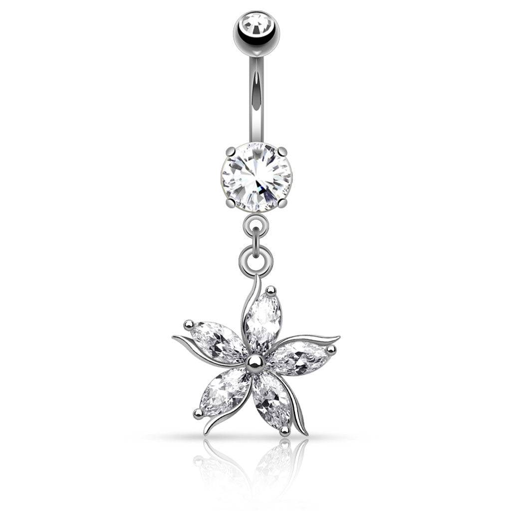 316L Surgical Steel CZ Gem Silver Ion Plated Belly Ring with CZ Gem Star Dangle