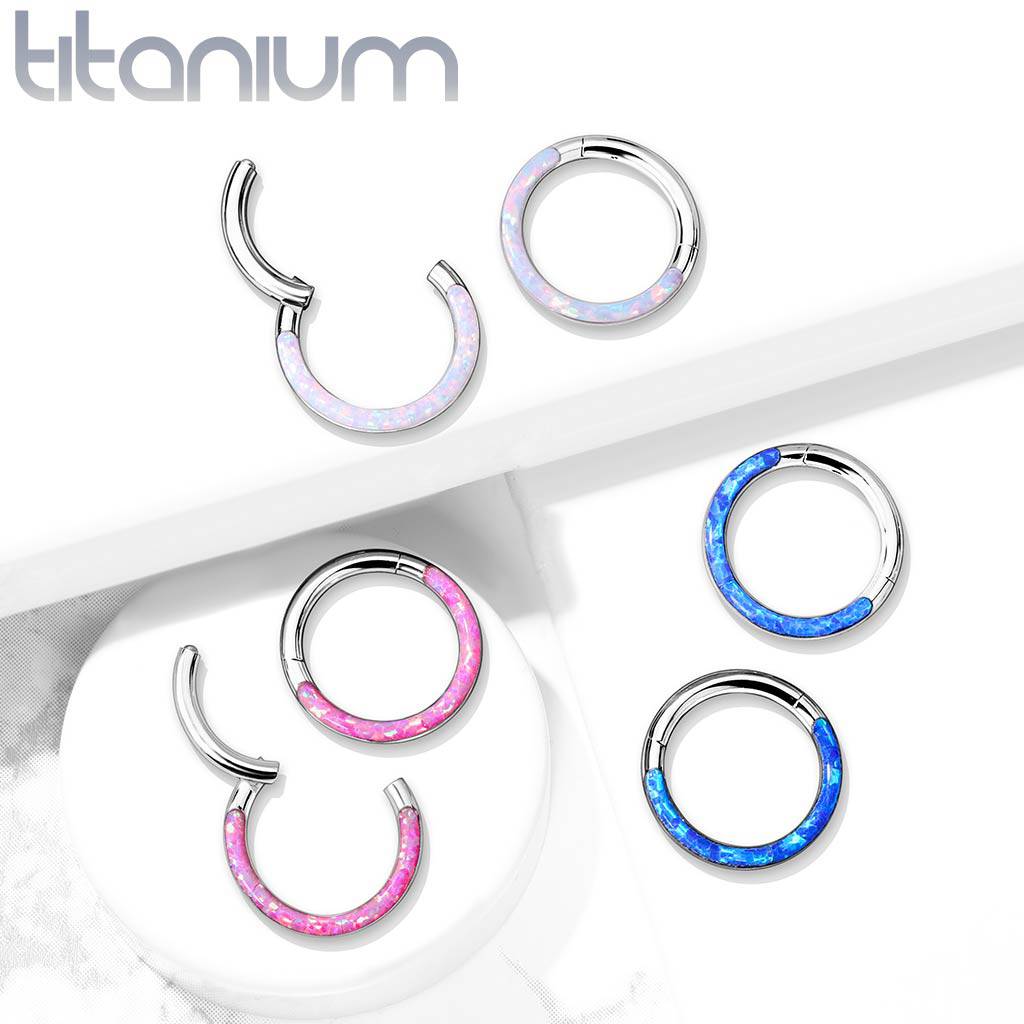 Implant Grade Titanium Blue Opal Inlay Septum Daith Clicker Hinged Hoop Ring Pierced Universe 7137